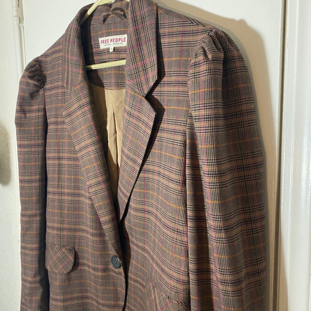 Free People Women's Plaid Blazer Jacket Brown Pink Orange Career Puff Sleeve‎ - Picture 8 of 9